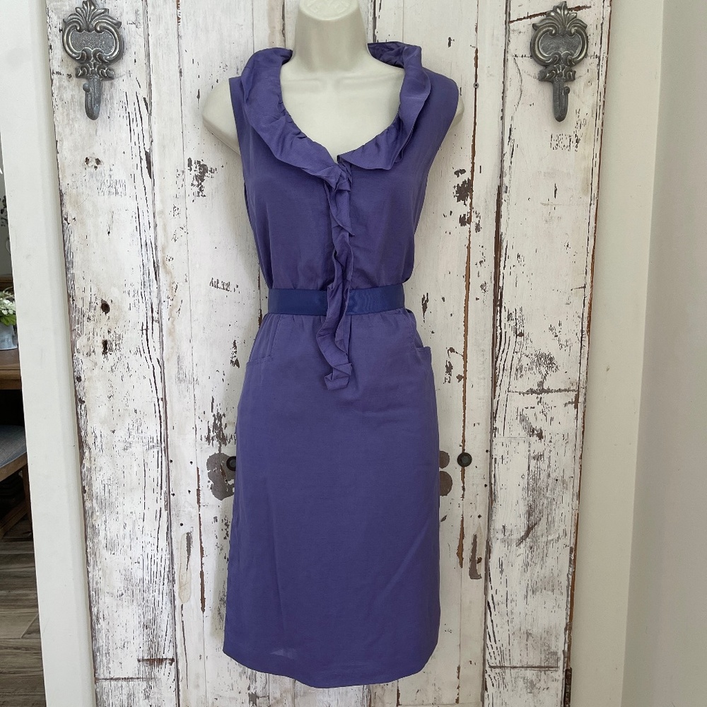 Elie Tahari Size 8 Woman's Purple Linen Belted Ruffle Pocketed Career Work Dress